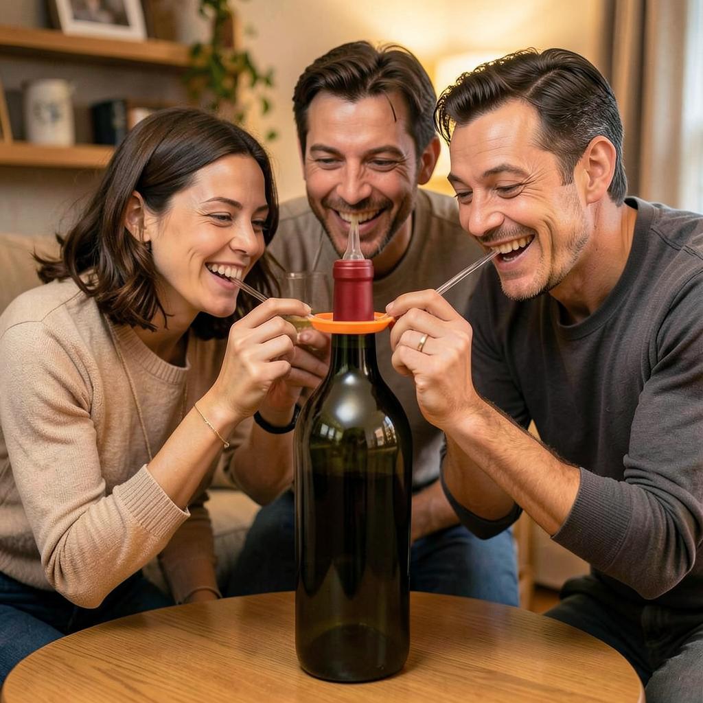 Three adults happily sipping from one wine bottle using three long straws